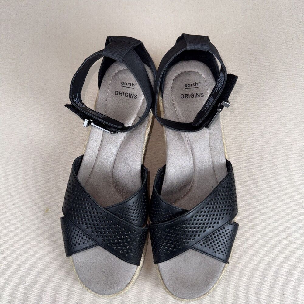 Earth Origins Naples Natasha Black Leather Ankle Strap Wedge Heel Sandals 8.5M - Picture 3 of 8
